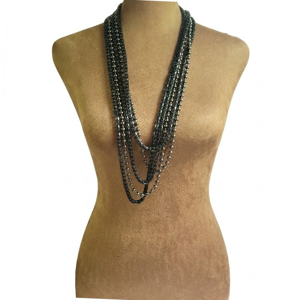 Gunmetal Multi Strand Ball and Mesh Chain Layered Necklace 28 Inch Goth